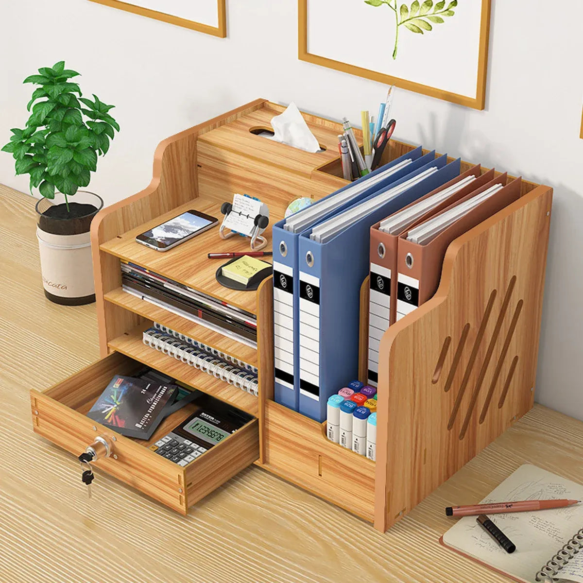 Wooden Desktop Storage Box with Locking Drawer Space Saving for Home Office Use - Black