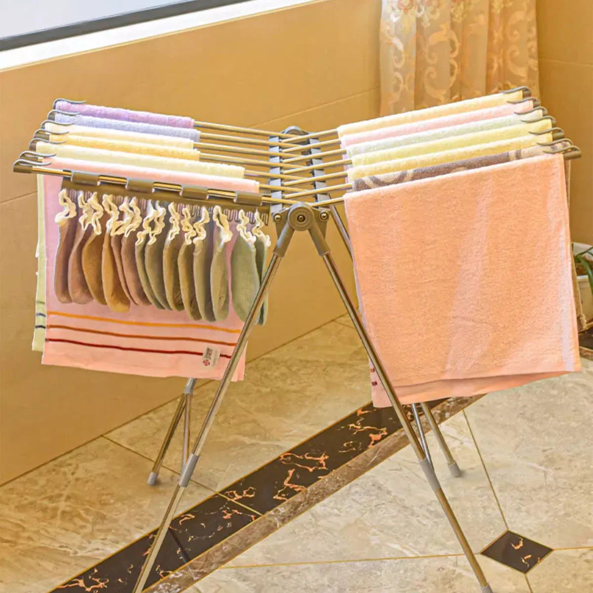 Folding Clothes Drying Rack Indoor Floor Standing Hanger Laundry Pole Airer Home