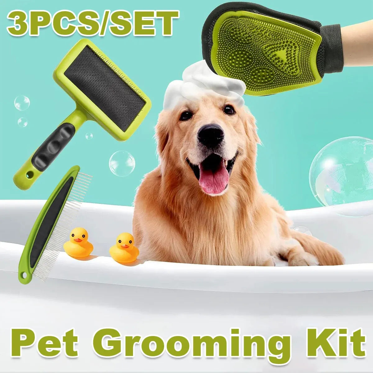 3-piece pet grooming kit with bath glove, needle comb and steel needle comb, green