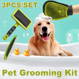 3-piece pet grooming kit with bath glove, needle comb and steel needle comb, green