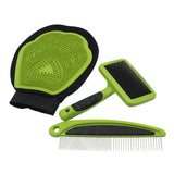 3-piece pet grooming kit with bath glove, needle comb and steel needle comb, green