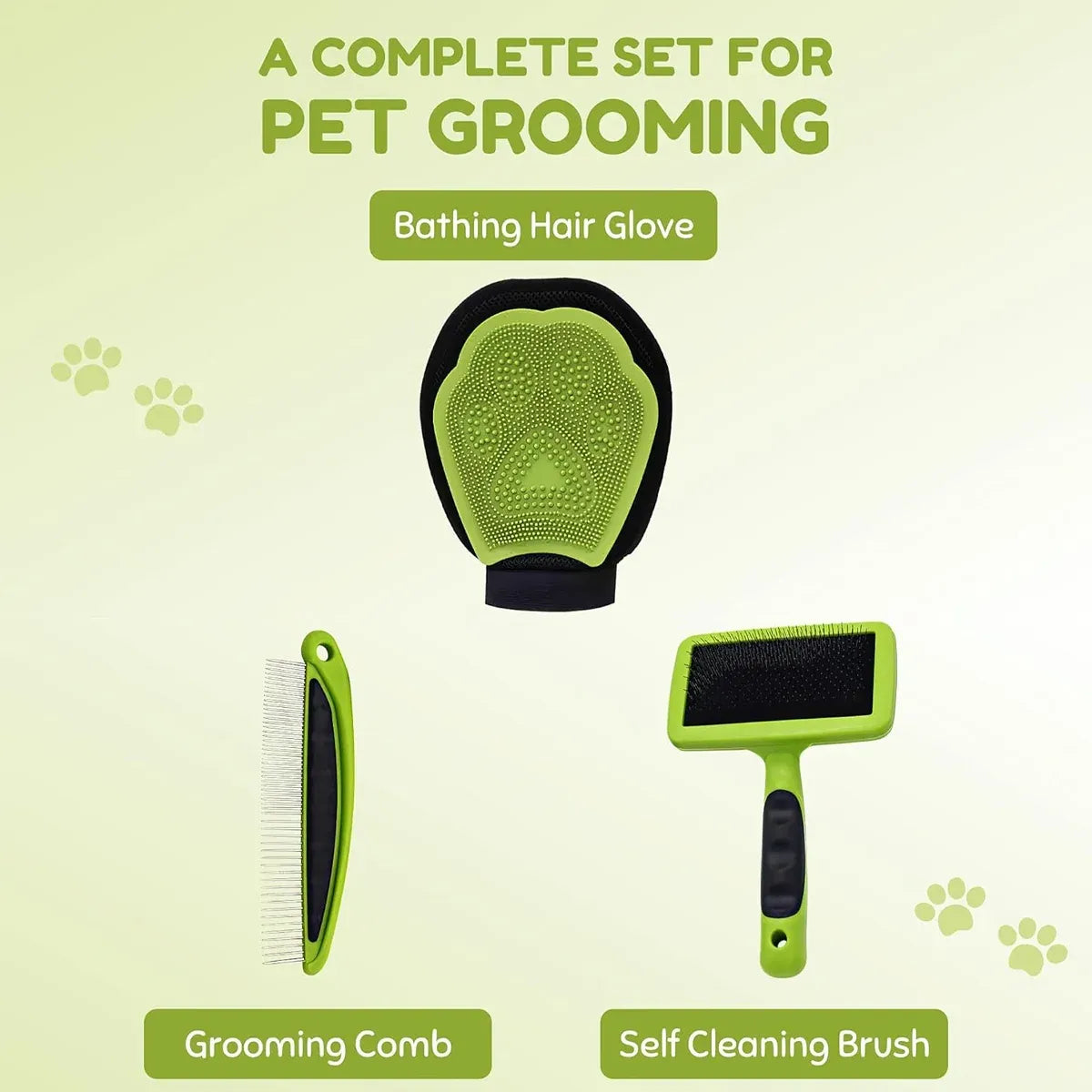 3-piece pet grooming kit with bath glove, needle comb and steel needle comb, green
