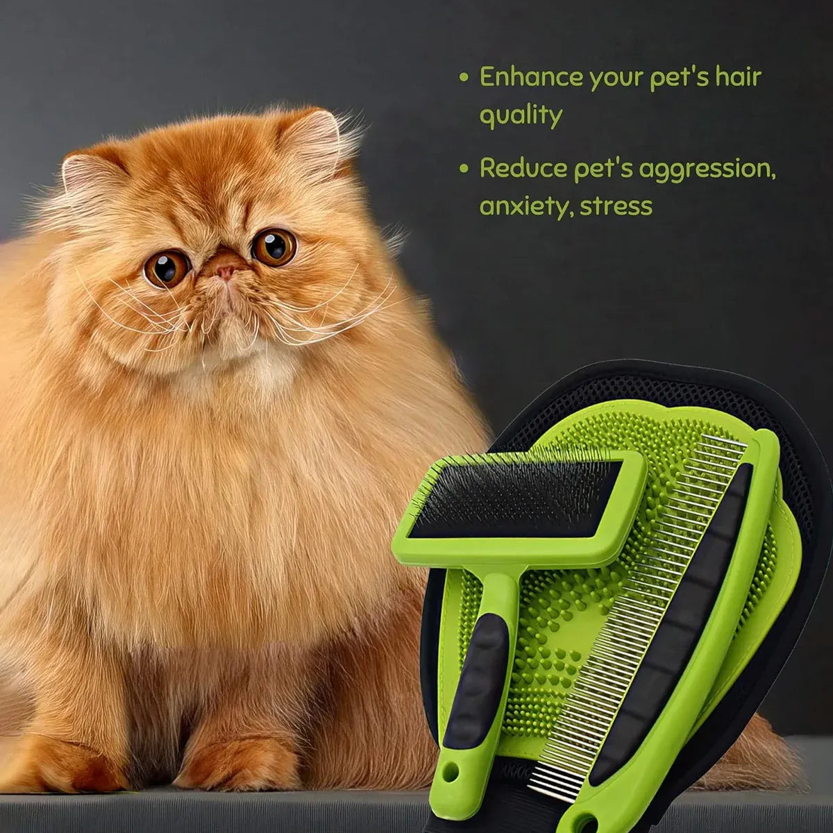 3-piece pet grooming kit with bath glove, needle comb and steel needle comb, green