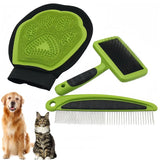 3-piece pet grooming kit with bath glove, needle comb and steel needle comb, green