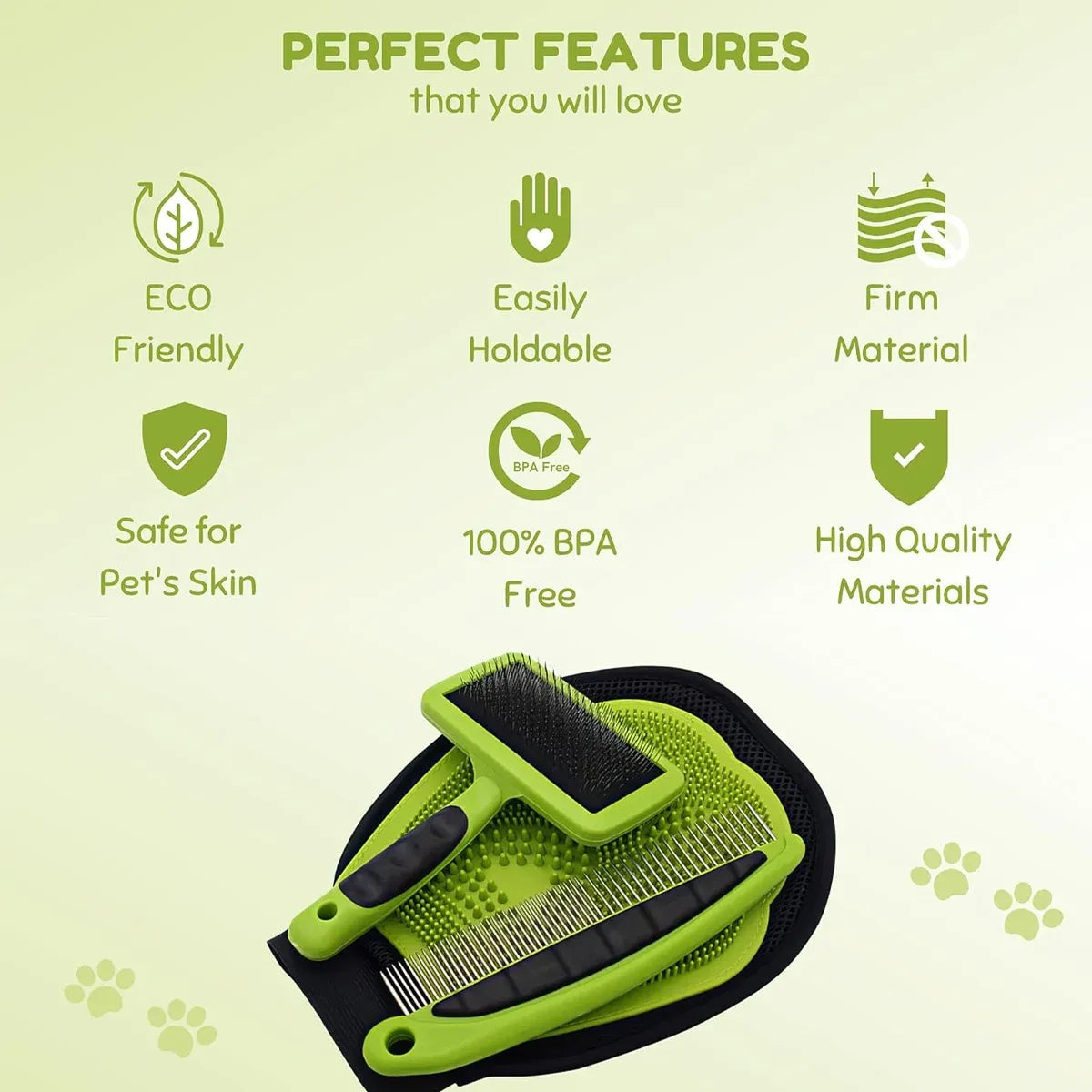 3-piece pet grooming kit with bath glove, needle comb and steel needle comb, green