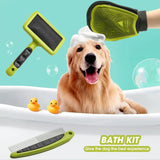 3-piece pet grooming kit with bath glove, needle comb and steel needle comb, green