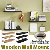 3 PCS Wooden Wall Shelf Single Board Wall Mounted Home Decor Living Room Bedroom - Black