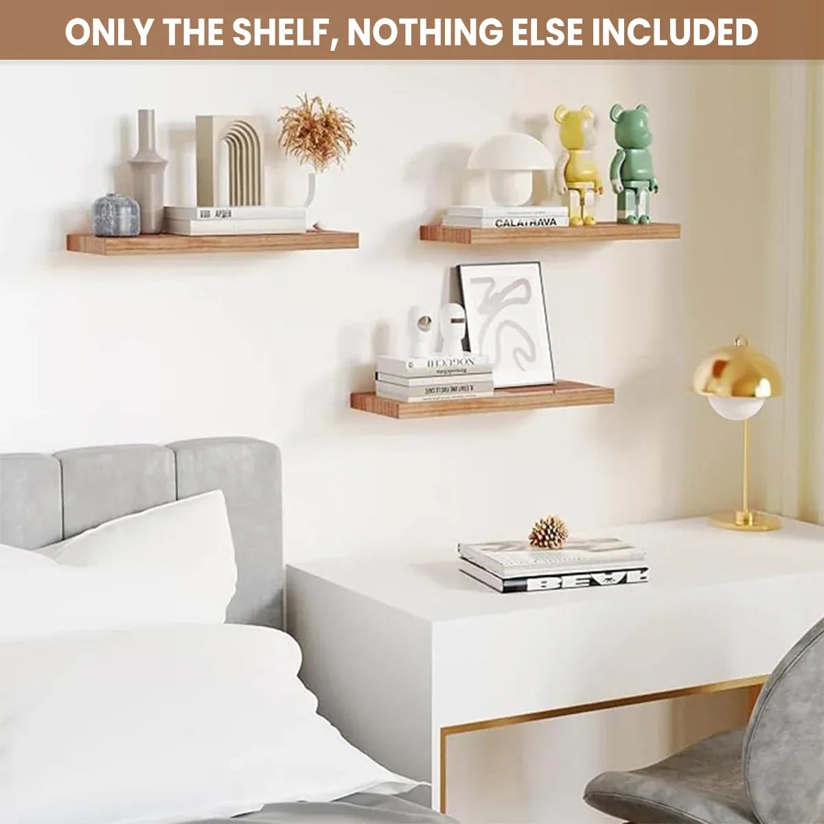3 PCS Wooden Wall Shelf Single Board Wall Mounted Home Decor Living Room Bedroom - Black
