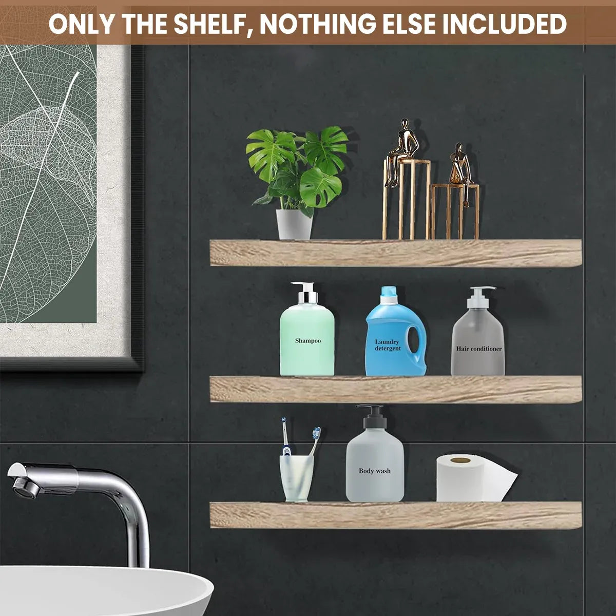 3 PCS Wooden Wall Shelf Single Board Wall Mounted Home Decor Living Room Bedroom - Black