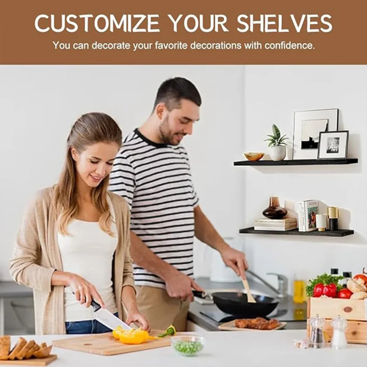 3 PCS Wooden Wall Shelf Single Board Wall Mounted Home Decor Living Room Bedroom - Black