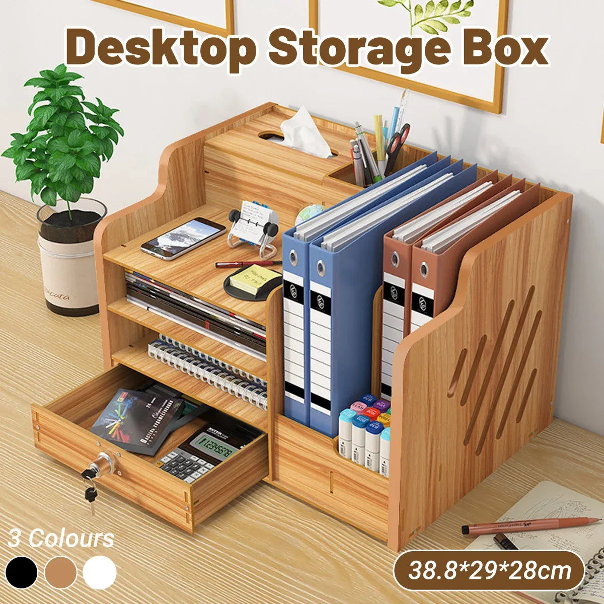 Wooden Desktop Storage Box with Locking Drawer Space Saving for Home Office Use - Wood