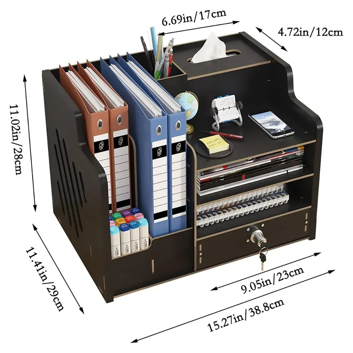 Wooden Desktop Storage Box with Locking Drawer Space Saving for Home Office Use - Wood