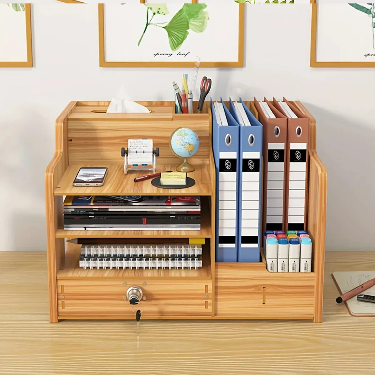 Wooden Desktop Storage Box with Locking Drawer Space Saving for Home Office Use - Wood