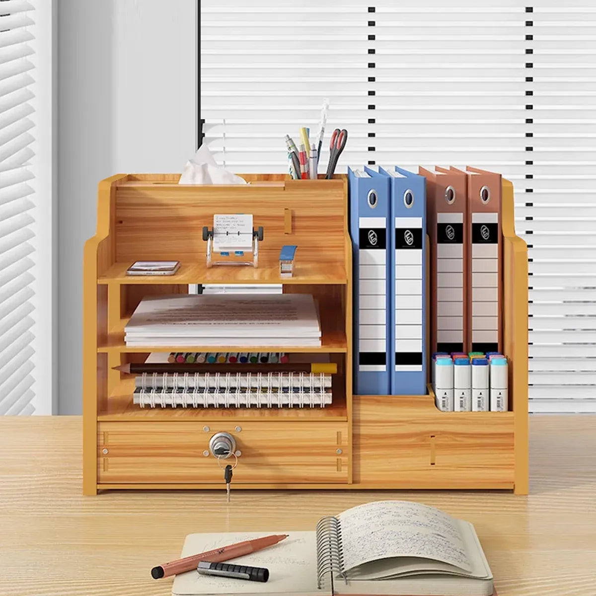 Wooden Desktop Storage Box with Locking Drawer Space Saving for Home Office Use - Wood