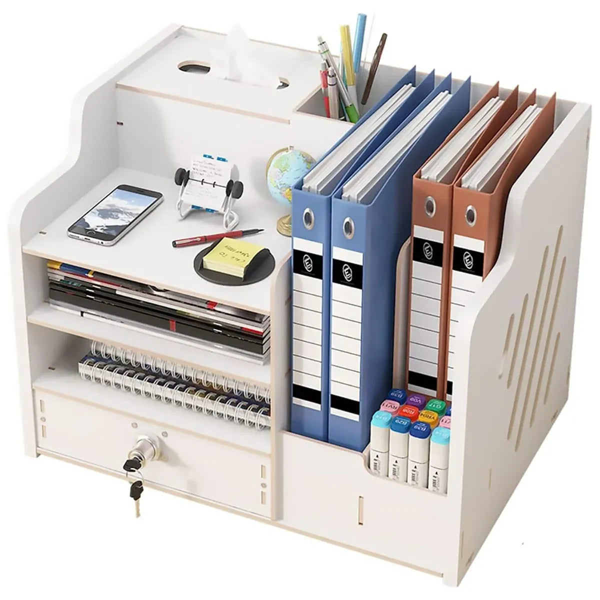 Wooden Desktop Storage Box with Locking Drawer Space Saving for Home Office Use - White