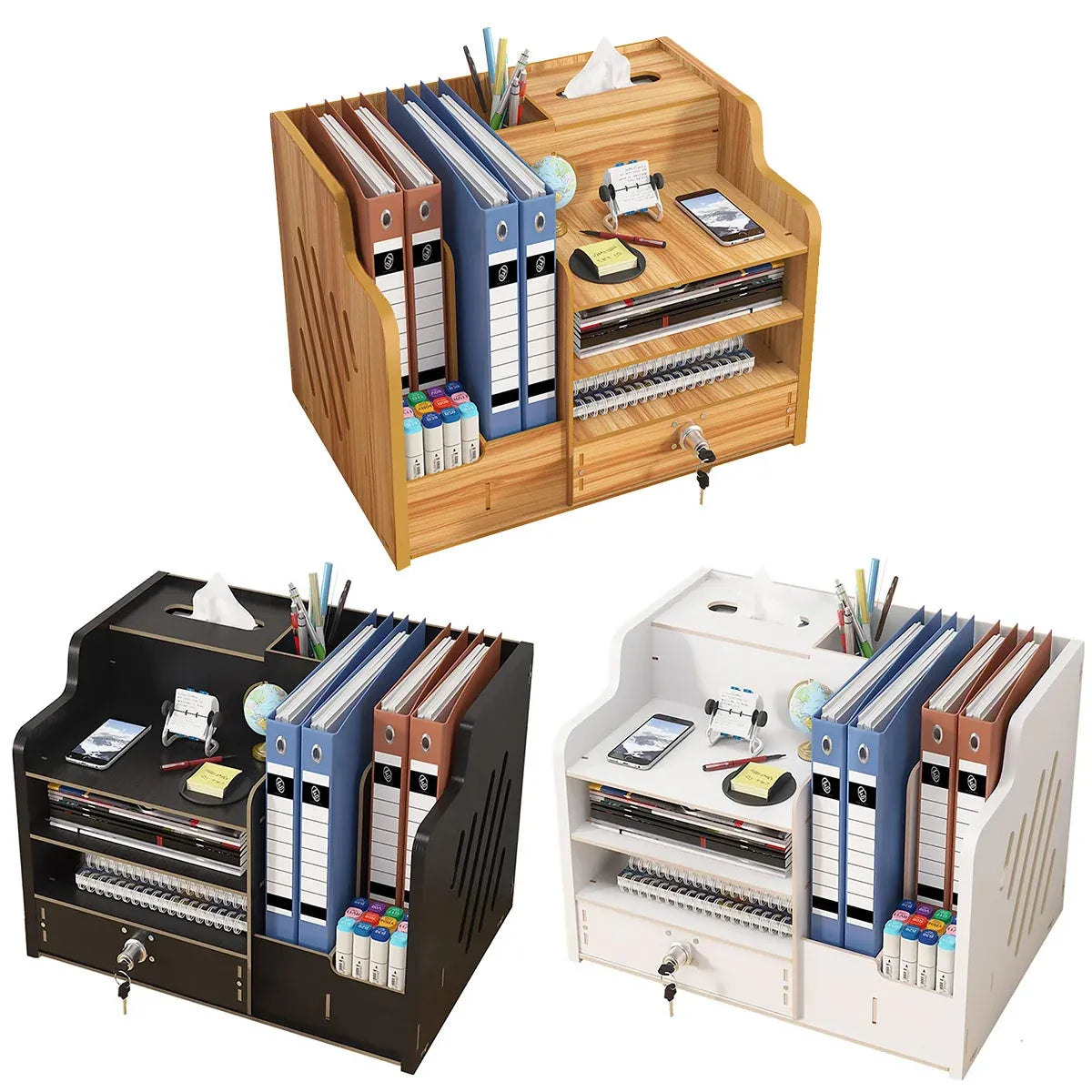 Wooden Desktop Storage Box with Locking Drawer Space Saving for Home Office Use - White