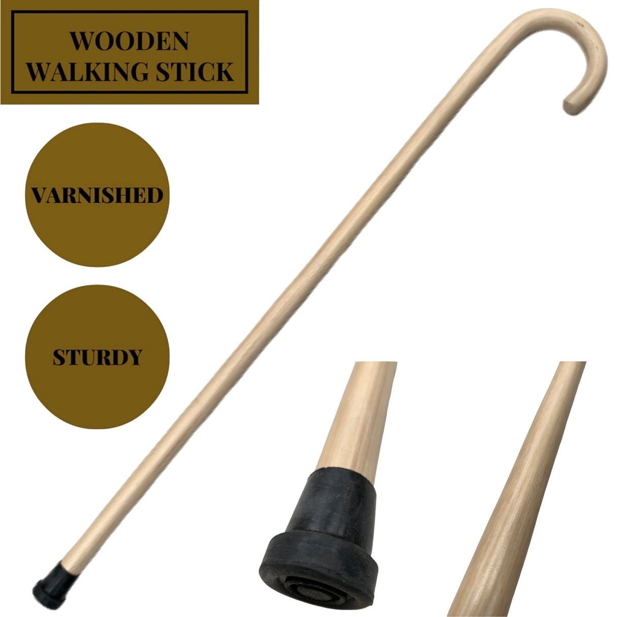 93cm WOODEN WALKING STICK Wood Cane Pole Carved Varnished Deluxe Sturdy - Beige