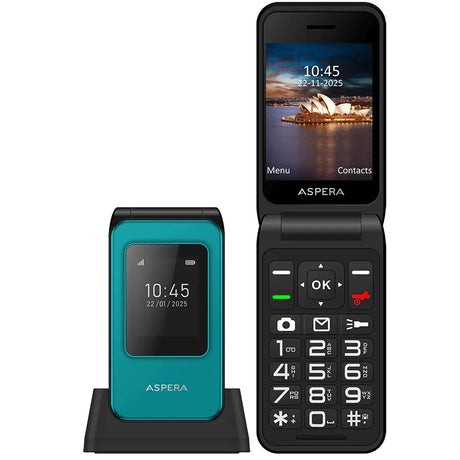 Aspera F46+ Seniors 4G BIG button Flip mobile phone with CRADLE- Black / Green.