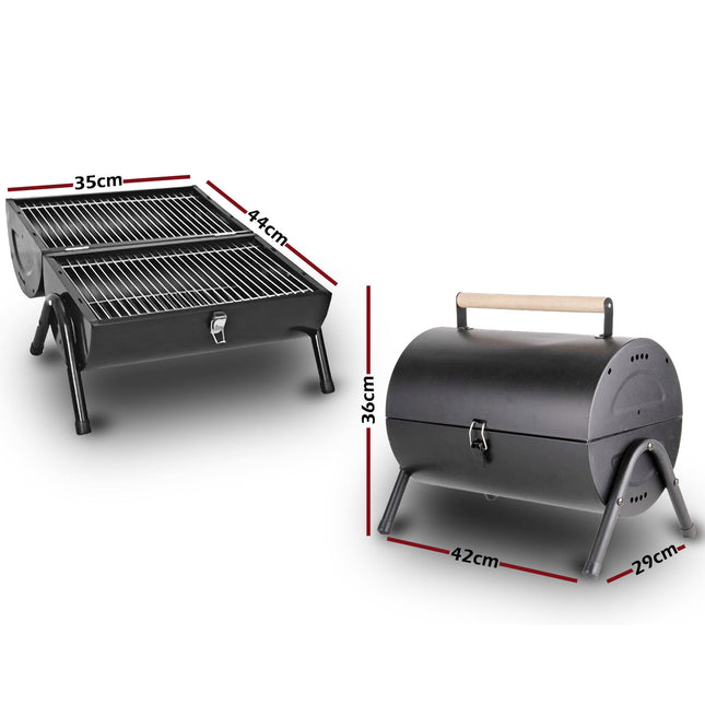 Stainless Steel BBQ Barrel Charcoal Smoker Portable Foldable Barbecue Camping Black