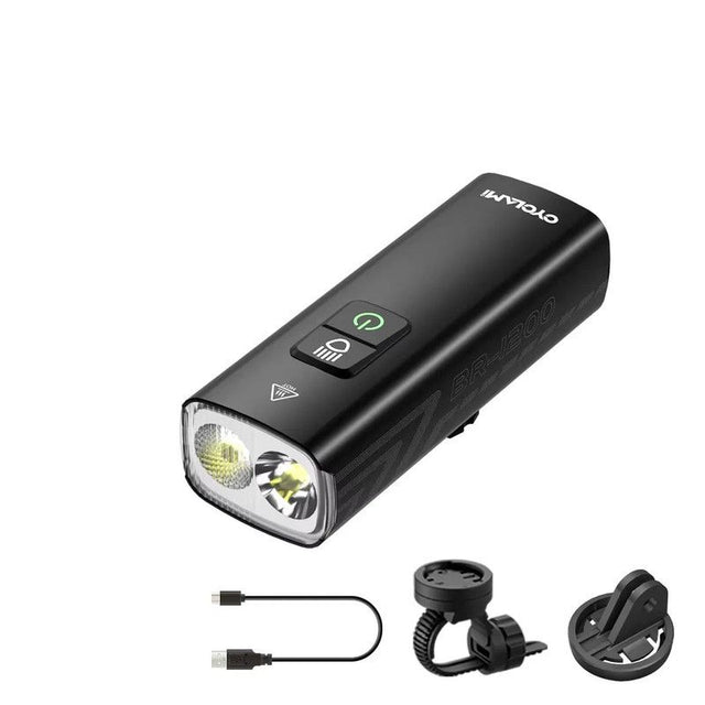 Black bike front light, lightweight.