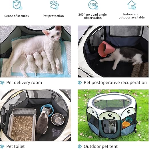 Portable Pet Playpen with Oxford Cloth, Foldable Octagon Dog & Cat Tent, Indoor & Outdoor Use size 74*74*43cm