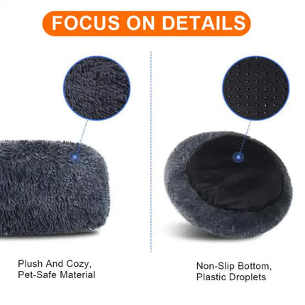 Calming Donut Pet Bed -Soft Faux Fur, Anti-Anxiety Fluffy Round Bed for Cats and Small Dogs (Dark Gray)50cm