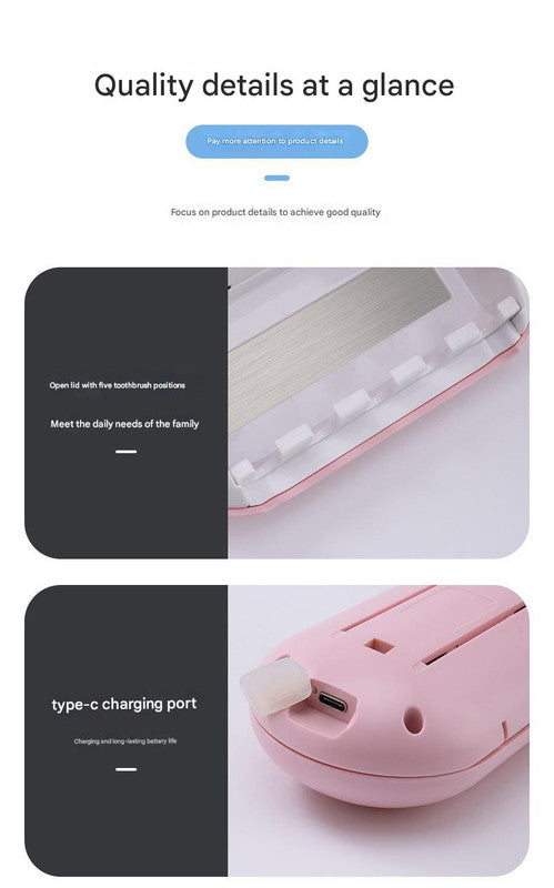 White Wall-Mounted Toothbrush Sterilizer with UV-C Disinfection and Drying - USB Rechargeable, Family 5-Brush Holders, ABS Material