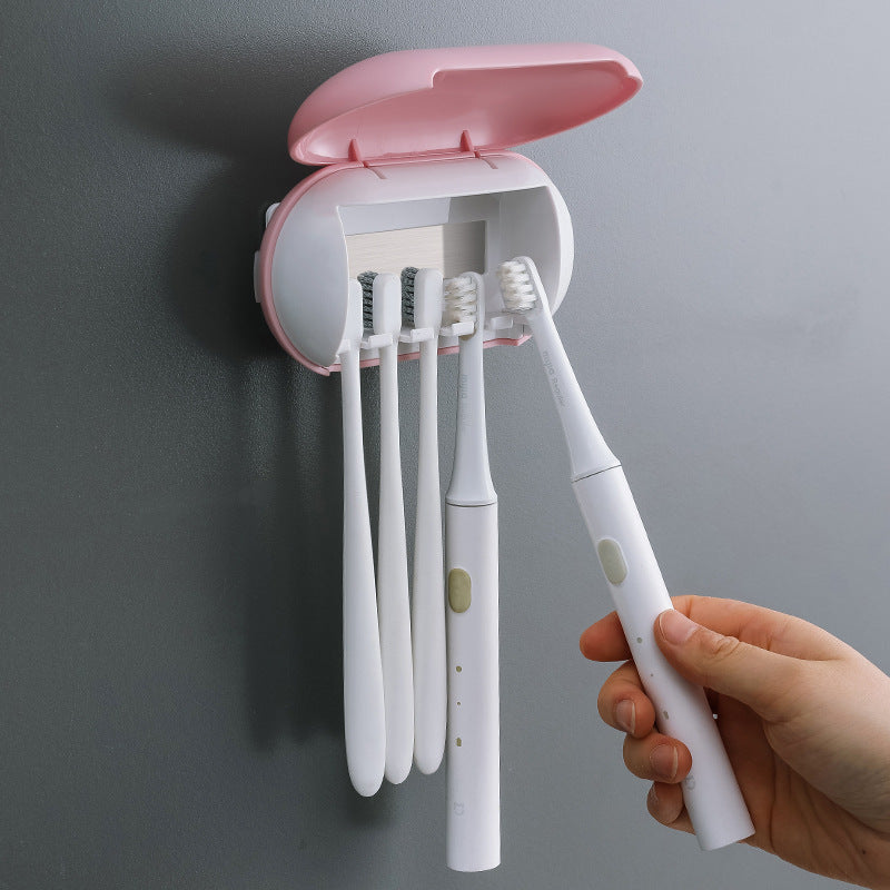 Cyan Wall-Mounted Toothbrush Sterilizer with UV-C Disinfection and Drying - USB Rechargeable, Family 5-Brush Holders, ABS Material