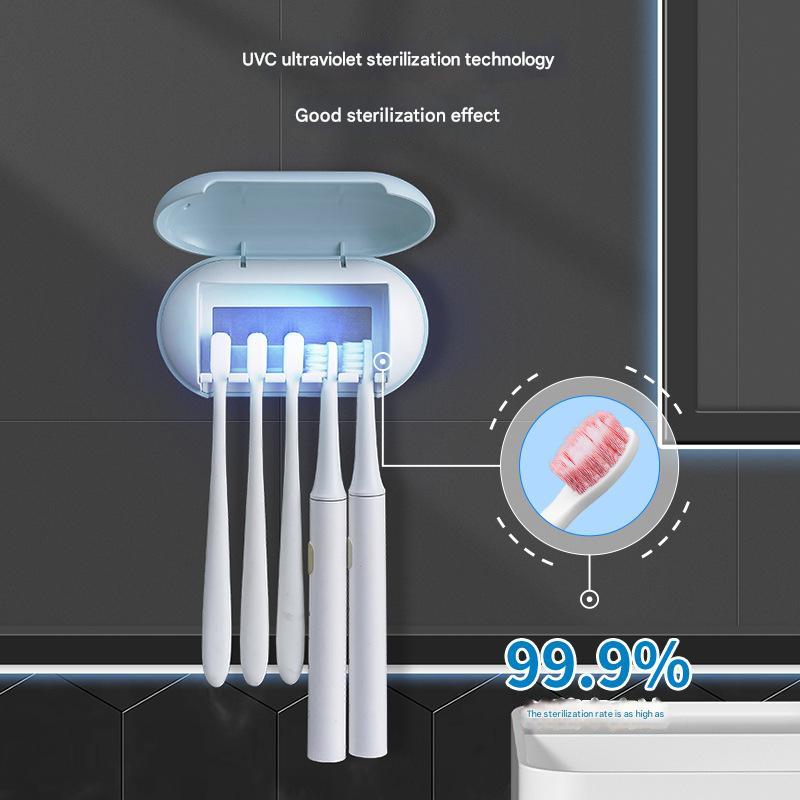 Cyan Wall-Mounted Toothbrush Sterilizer with UV-C Disinfection and Drying - USB Rechargeable, Family 5-Brush Holders, ABS Material