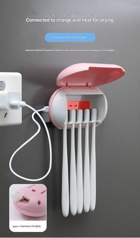 Cyan Wall-Mounted Toothbrush Sterilizer with UV-C Disinfection and Drying - USB Rechargeable, Family 5-Brush Holders, ABS Material