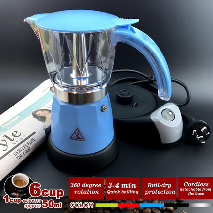 Blue Electric Moka Coffee Maker Espresso Machine Italian Classic 6 Cups Auto Power