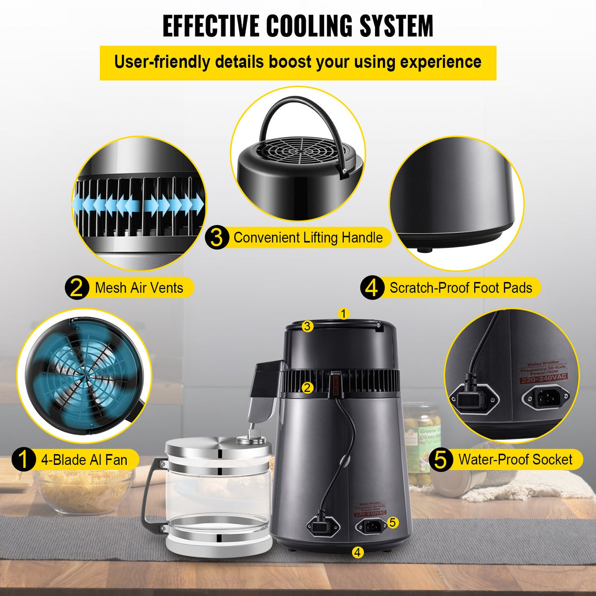 VEVOR Home Water Distiller Distilled Water Maker 4 L with Dual Temp Display Grey