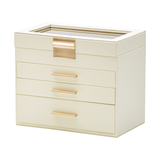 4 Layer Jewelry Box PU Leather Jewellery Organizer Multi-functional Storage Case with Clear Glass Lid and 3 Drawers.