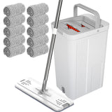 Flat D Set Mop and Bucket Wringer Set with Stainless-Steel Handle 10 Washable and Reusable Microfibre Pads for Hardwood.