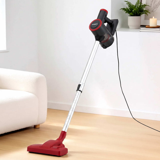 Red stick vacuum cleaner.