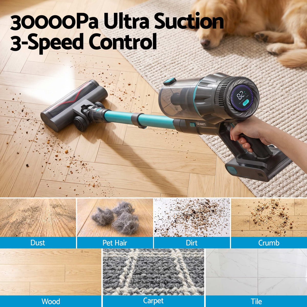Devanti green handheld cordless stick vacuum.
