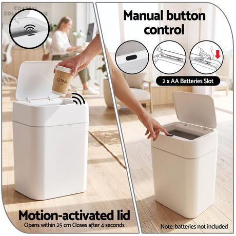 White touchless rubbish bin sensor, 12L, battery powered.