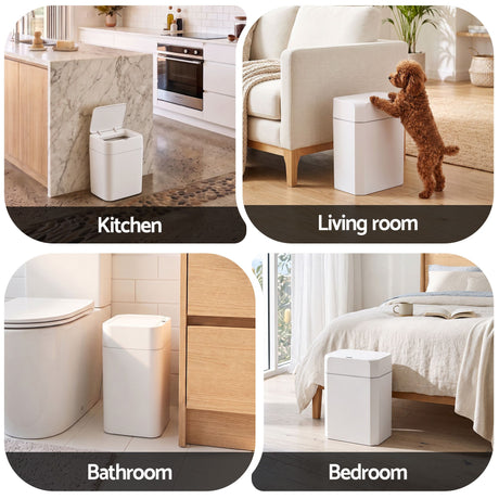 White touchless rubbish bin sensor, 12L, battery powered.