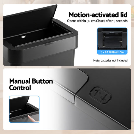 Black plastic touchless rubbish bin sensor, 50L.