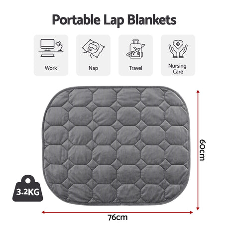 Grey velvet quilted weighted lap blanket.