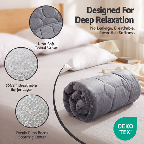 Grey velvet quilted weighted lap blanket.