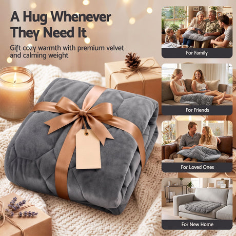 Grey velvet quilted weighted lap blanket.