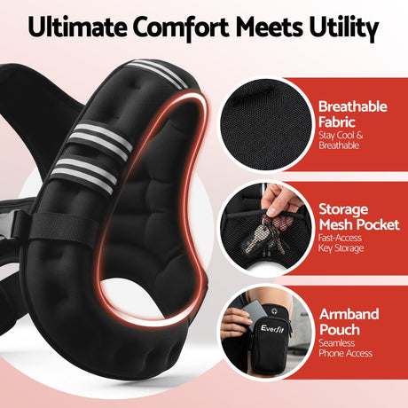 Everfit 3kg Weighted Vest Men Women, Reflective Running Vest with Armband Pouch.