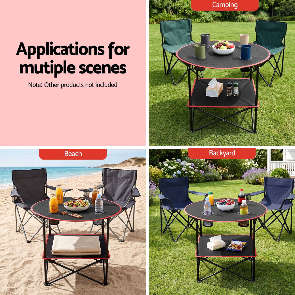 Weisshorn Folding Camping Table with 4 Cup Holders Metal Oxford 73CM Black