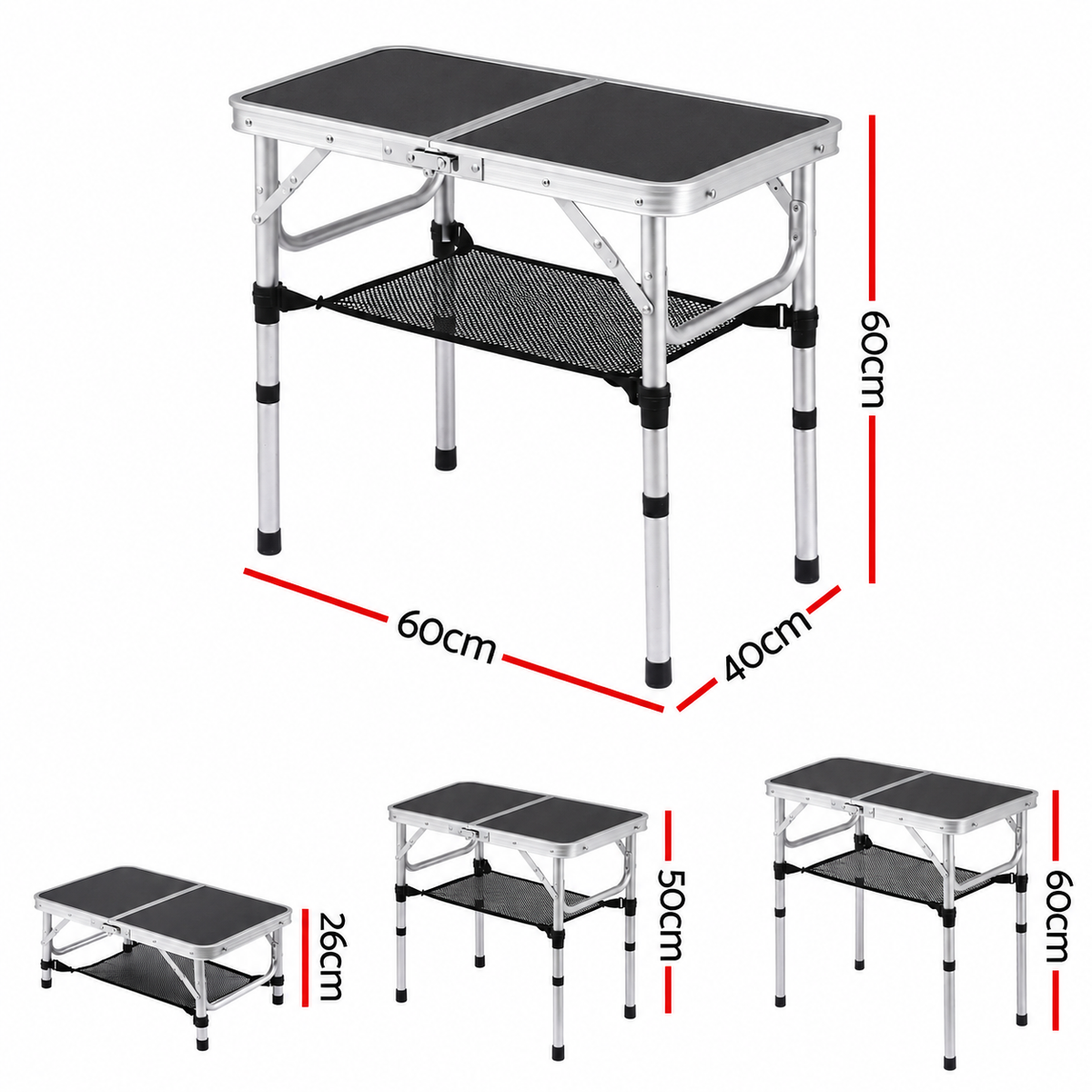 Weisshorn folding camping table, adjustable aluminium, 60 x 40 cm, black