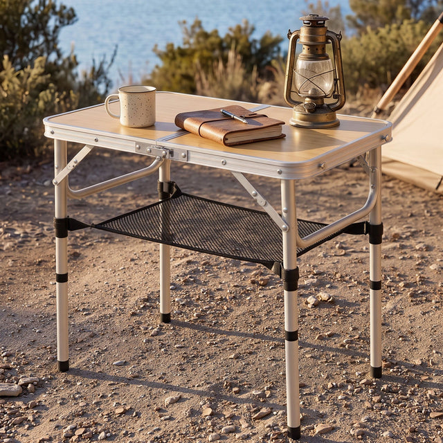 Weisshorn folding camping table, adjustable aluminium, 60 x 40 cm, wood grain