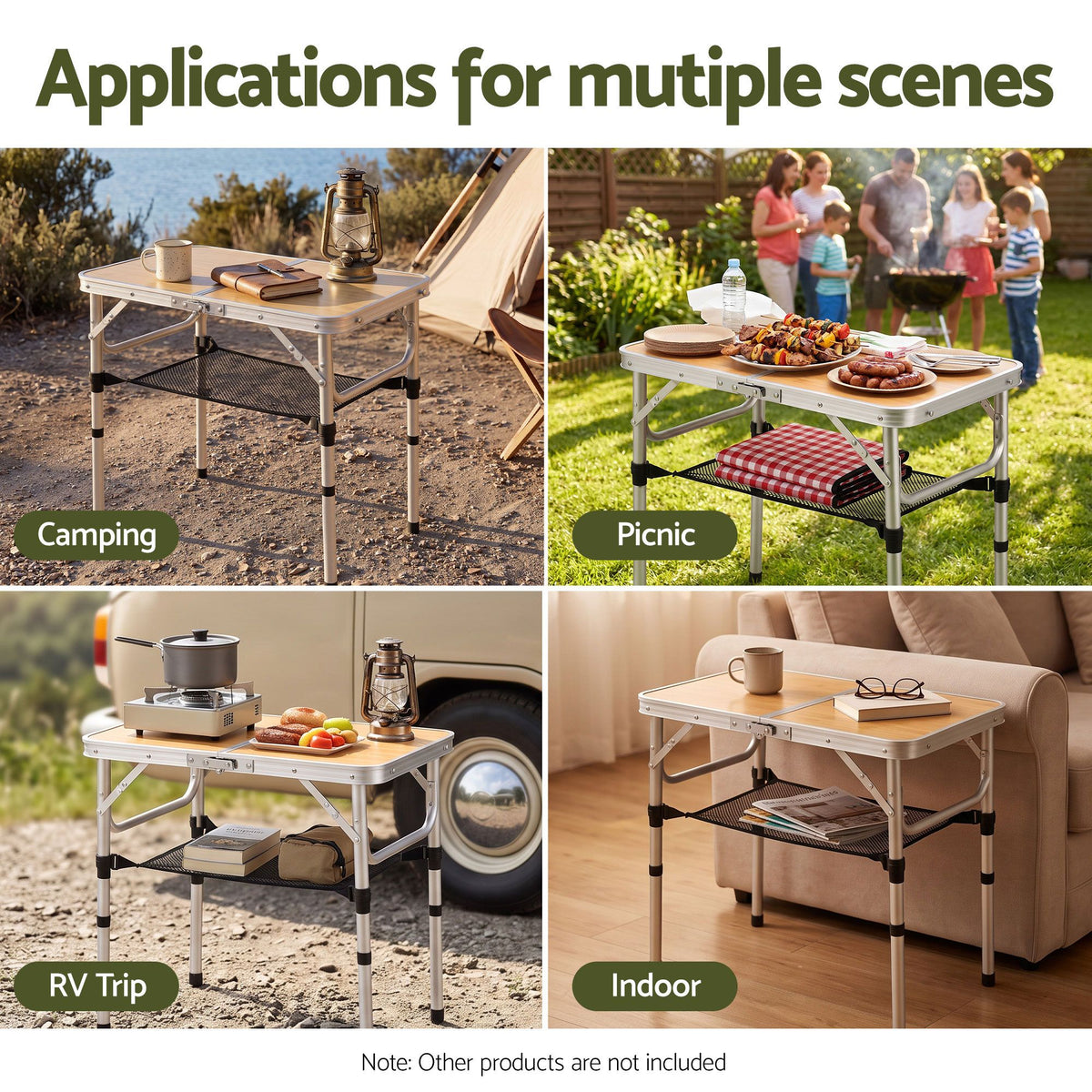 Weisshorn folding camping table, adjustable aluminium, 60 x 40 cm, wood grain
