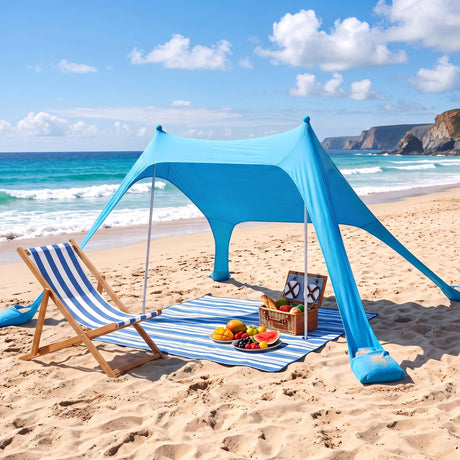 Blue portable beach tent, supplied with a carry bag.
