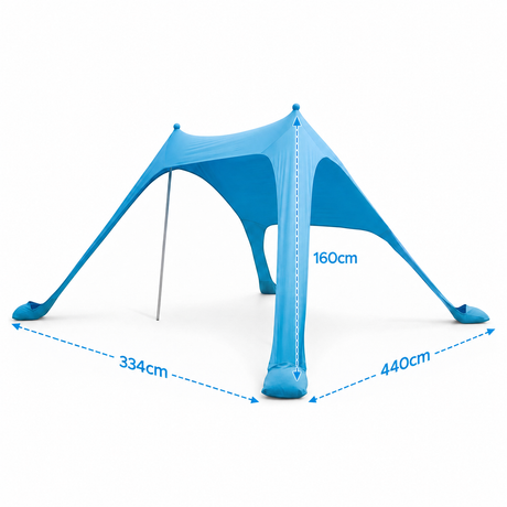 Blue portable beach tent, supplied with a carry bag.