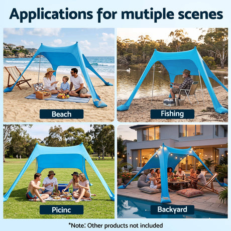 Blue portable beach tent, supplied with a carry bag.